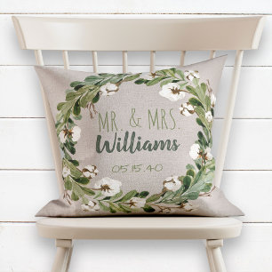 Rustic Linen Wreath Mr & Mrs Wedding Keepsake Cushion