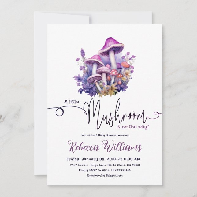 Rustic Little Mushroom Purple Woodland Baby Shower Invitation (Front)