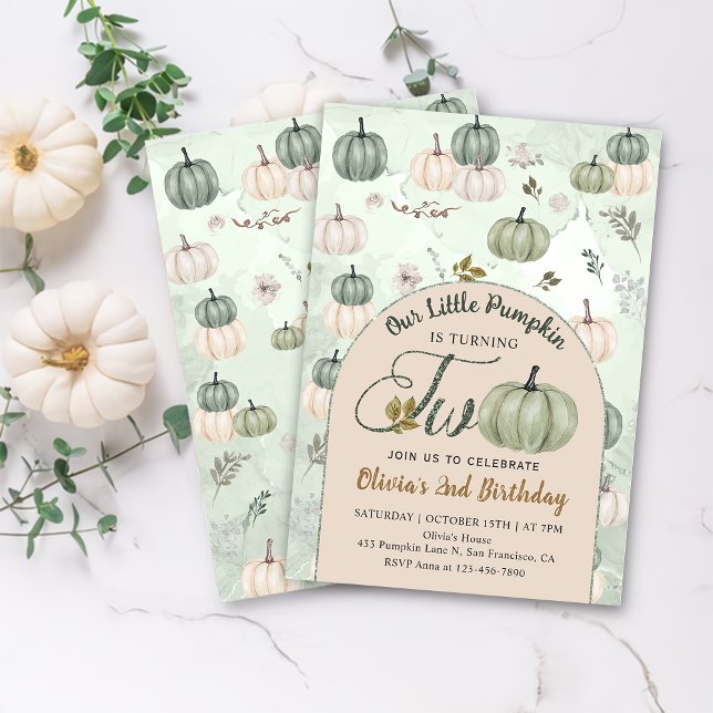 Rustic Little Pumpkin Fall Green 2nd Birthday  Invitation (Creator Uploaded)