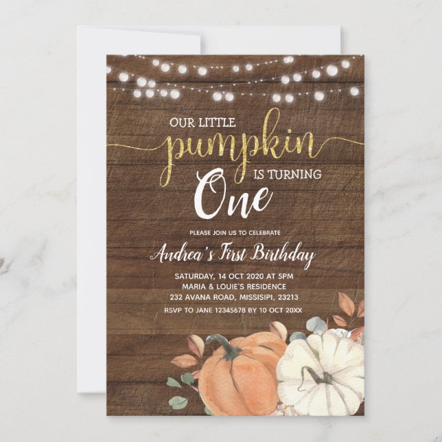 Rustic Little Pumpkin is turning one Birthday Invitation (Front)