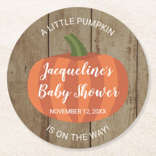 Rustic Little Pumpkin On The Way Fall Baby Shower Round Paper Coaster