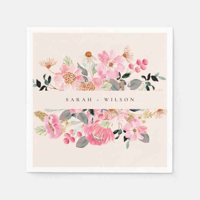Rustic Lively Blush Pink Watercolor Floral Wedding Napkin (Front)