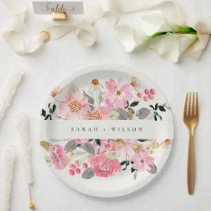 Rustic Lively Blush Pink Watercolor Floral Wedding Paper Plate