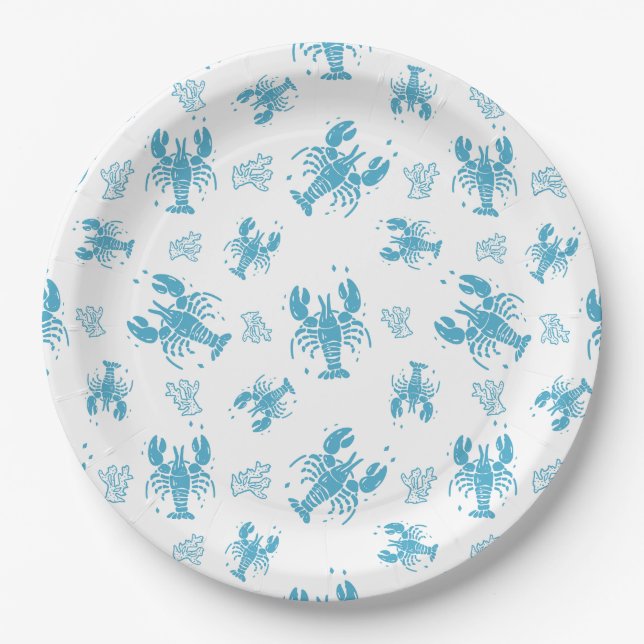 Rustic Lobster Nautical Block Print Pattern Paper Plate (Front)