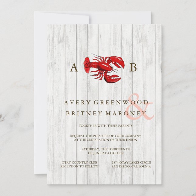 RUSTIC LOBSTER WOOD WEDDING INVITATION (Front)