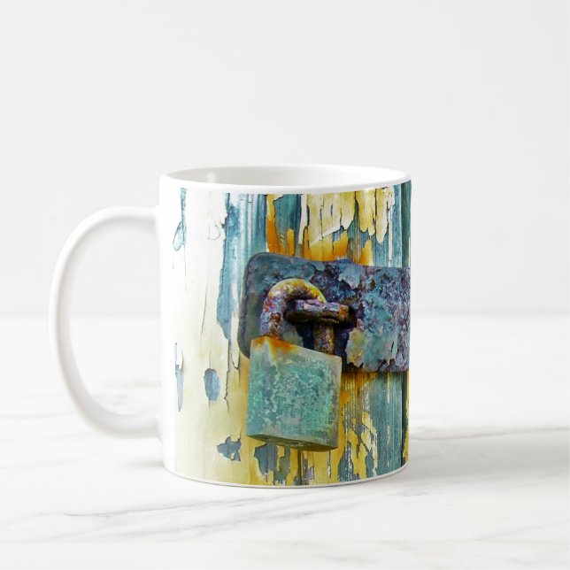 Rustic Lock Distressed Blue Barnwood Door Close Up Coffee Mug (Left)