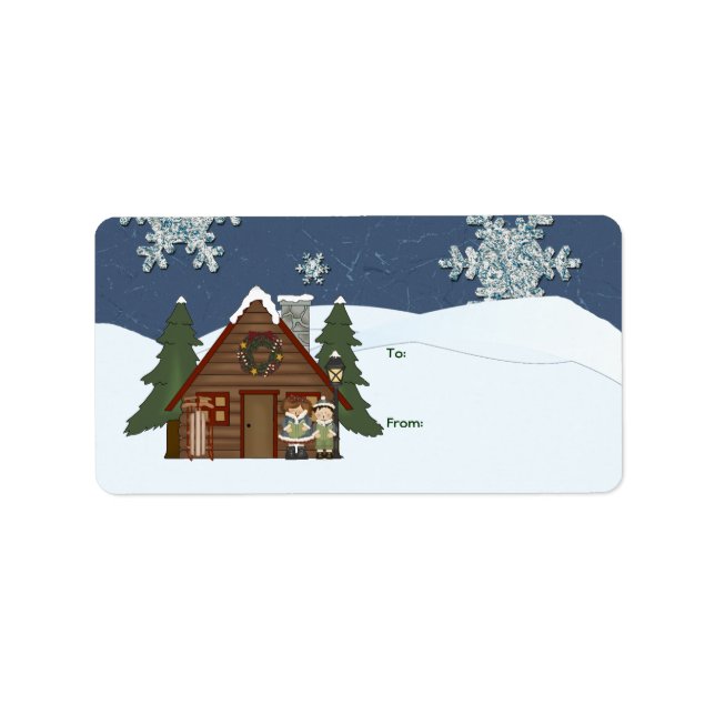 Rustic Lodge Country Cabin Christmas at Night Label (Front)
