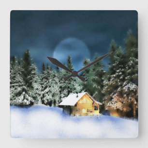 Rustic Log Cabin Full Moon Square Wall Clock