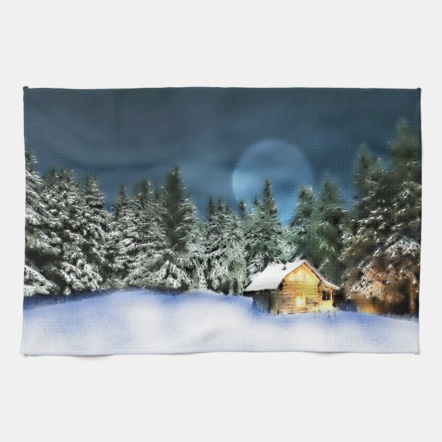 Rustic Log Cabin Full Moon Tea Towel (Horizontal)