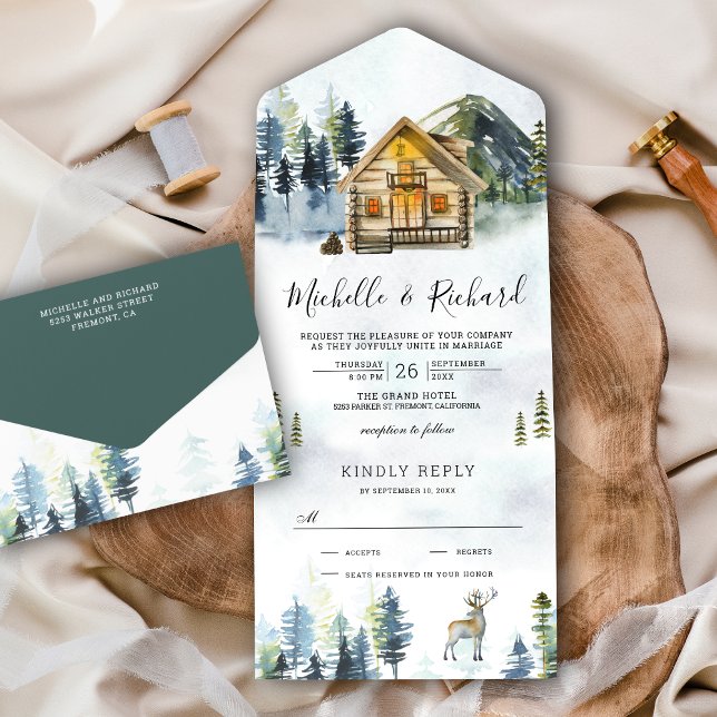 Rustic Log Cabin Lodge Mountain Forest Fog Wedding All In One Invitation (Creator Uploaded)