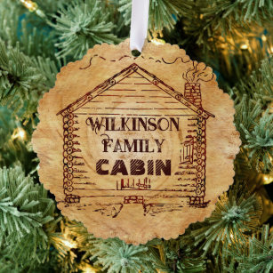 Rustic Log Cabin Personalised Family Name Tree Decoration Card