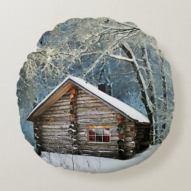 Rustic Log Cabin Winter Magic Round Cushion (Front)