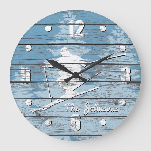 Rustic Look Downhill Ski Your Text Large Clock (Front)
