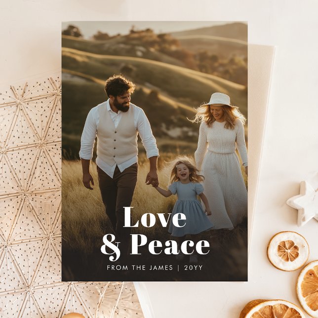 Rustic Love and Peace Family Photo Christmas Holiday Card (Creator Uploaded)