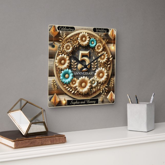 Rustic Love: Anniversary Floral Masterpiece Square Wall Clock (Office)