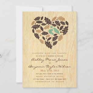 Rustic Love Bird Leaf and Heart Wedding Invitation