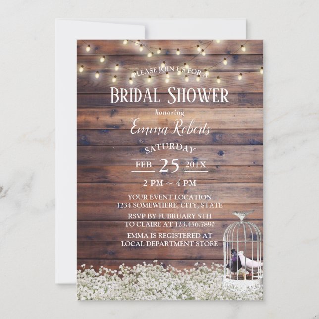 Rustic Love Birds Cage String Lights Bridal Shower Invitation (Front)