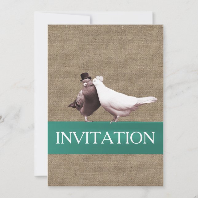 Rustic Love Birds Teal Ribbon Burlap Wedding Invitation (Front)