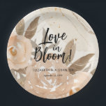 Rustic Love in Bloom Peach Flowers Paper Plate<br><div class="desc">Love in Bloom!,  your names and wedding date are printed on a collage of elegant peach,  pale terracotta,  and silver watercolor flowers and elegant brown leaves on these paper plates. Perfect for weddings,  wedding showers,  or any occasion. MATCHING items in our collection.</div>