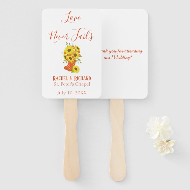 Rustic Love Never Fails Sunflower Wedding Hand Fan (Front and Back)