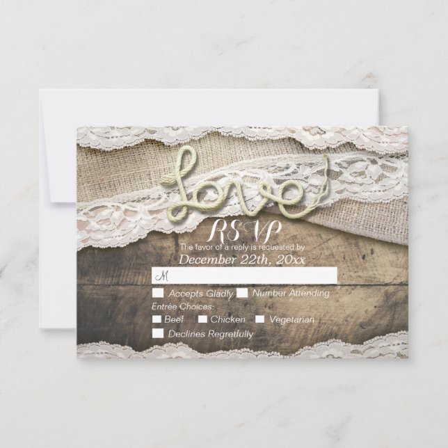 Rustic Love Rope Burlap Lace Wedding RSVP Reply (Front)