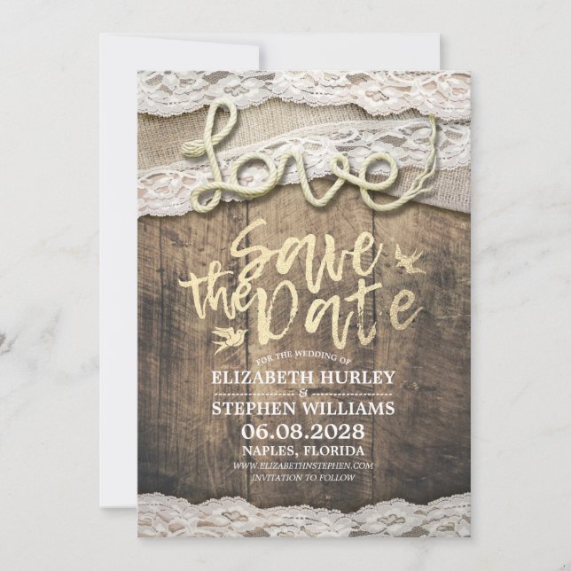 Rustic Love Rope Burlap Lace Wedding Save The Date (Front)