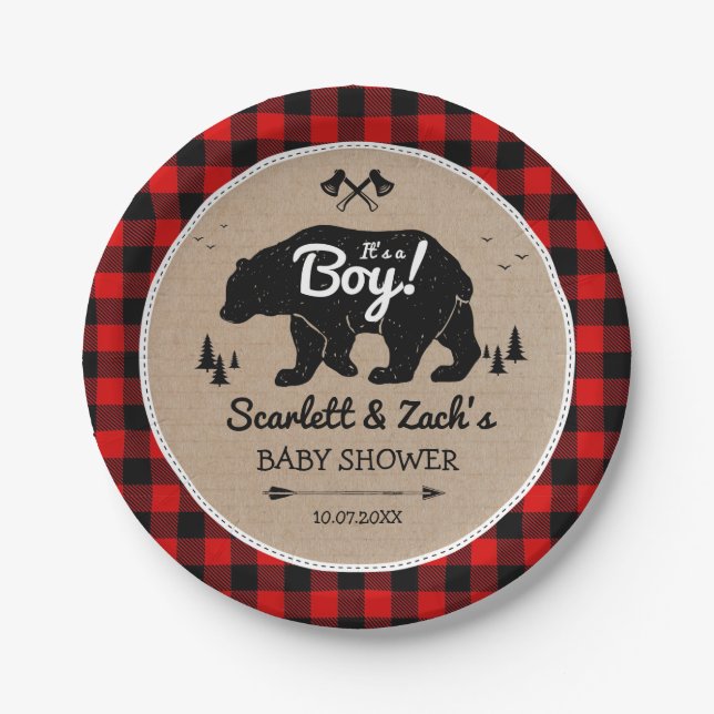 Rustic Lumberjack Bear Boy Baby Shower Paper Plate (Front)