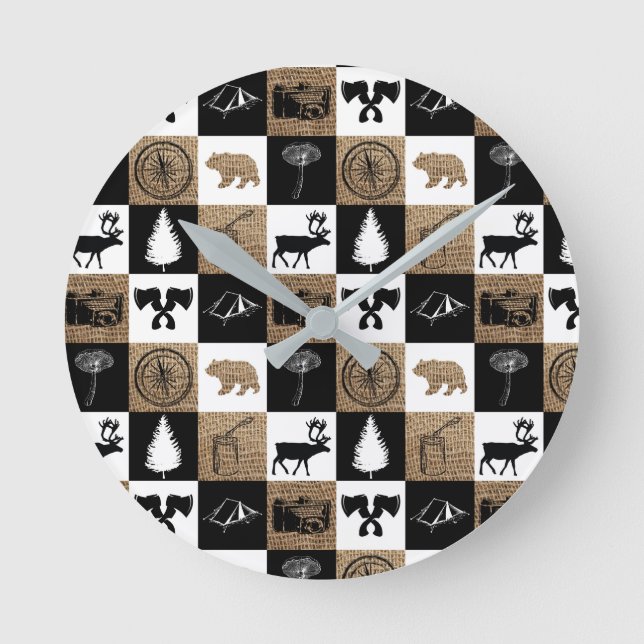 Rustic Lumberjack Camping Adventure  Round Clock (Front)