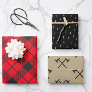 Rustic Lumberjack Plaid   Christmas Tree & Axes Wrapping Paper Sheet