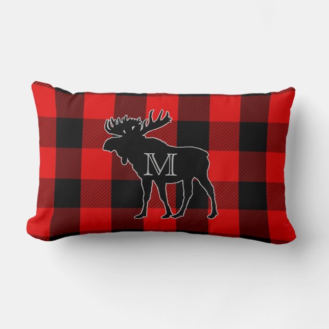 Rustic Lumberjack Plaid | Monogram Moose Lumbar Cushion (Front)