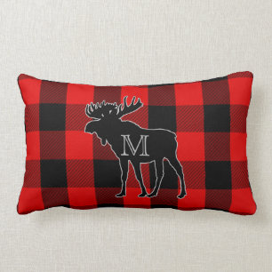Rustic Lumberjack Plaid Monogram Moose Lumbar Cushion