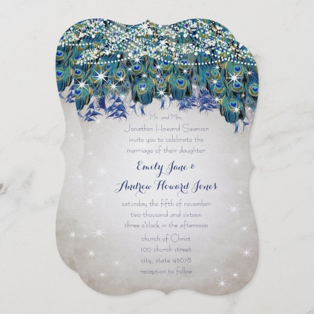 Rustic Luxe Mason Jar Navy Turquoise Peacock Invitation (Front/Back)