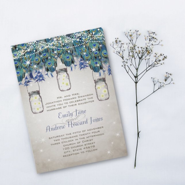 Rustic Luxe Mason Jar Navy Turquoise Peacock Invitation (Creator Uploaded)