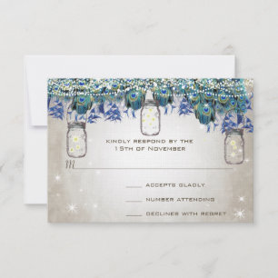Rustic Luxe Mason Jar Navy Turquoise Peacock RSVP Card