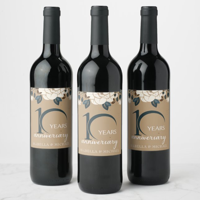 Rustic Luxury Floral 10th Wedding Anniversary Wine Label (Bottles)