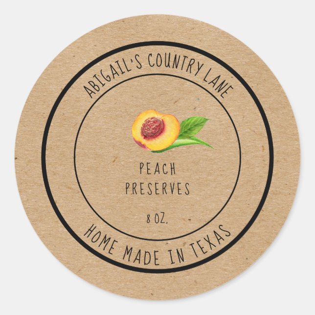 Rustic Made in Texas Peach Preserves Classic Round Sticker (Front)