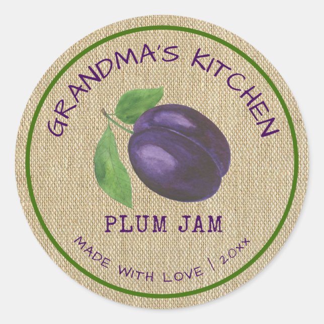 Rustic Made with Love Burlap Plum Jam  Classic Round Sticker (Front)