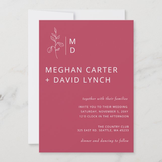 Rustic Magenta Botanical Monogram Wedding  Invitation (Front)
