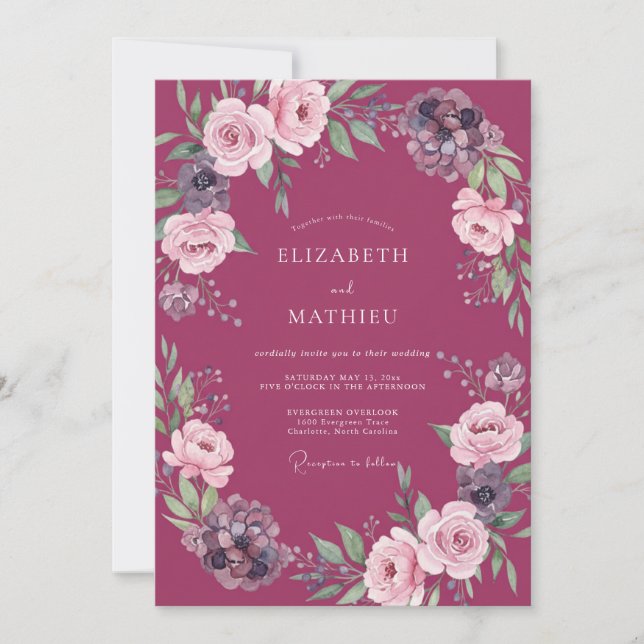 Rustic Magenta Peony Wedding Invitation (Front)