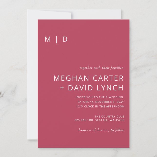 Rustic Magenta Stylish Modern Monogram Wedding  Invitation (Front)