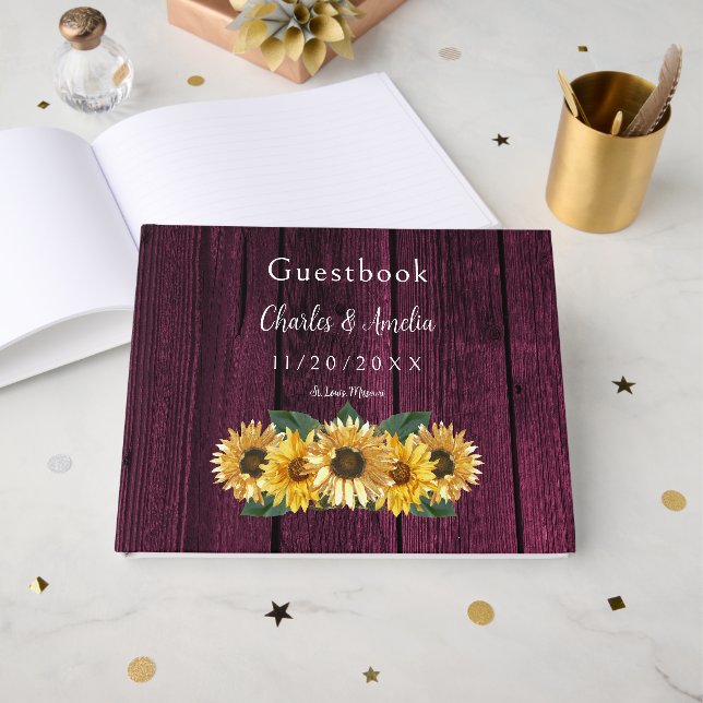 Rustic Magenta Sunflower Wedding Guest Book (Front Open)