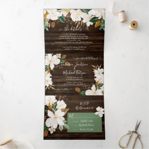Rustic Magnolia Floral Wedding Tri-Fold Invitation