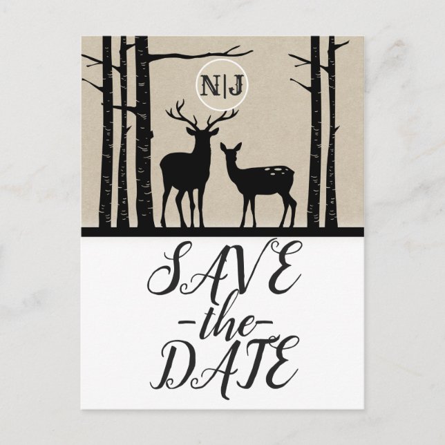 Rustic Male & Female Doe Deer Birch Save the Date Announcement Postcard (Front)