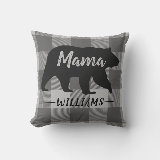 Rustic Mama Bear Buffalo Plaid Monogram Name Cushion (Front)