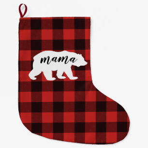 Rustic Mama Bear Red & Black Buffalo Plaid Large Christmas Stocking