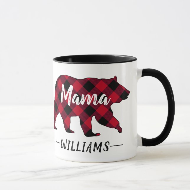 Rustic Mama Bear Red Buffalo Plaid Monogram Name Mug (Right)