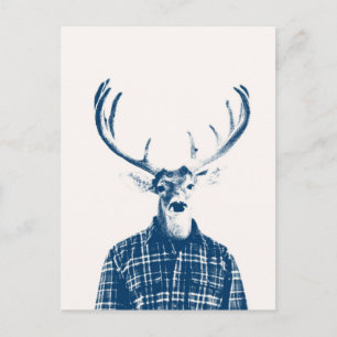 Rustic Man Buck with Antlers in Blue and Cream Postcard