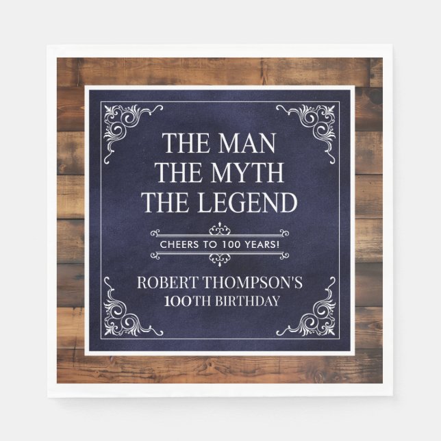 Rustic Man Myth Legend 100th Birthday Blue Napkin (Front)