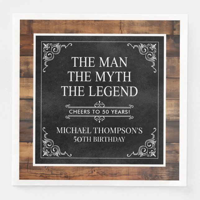 Rustic Man Myth Legend 50th Birthday Black  Napkin (Front)
