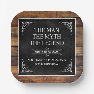 Rustic Man Myth Legend 50th Birthday Black  Paper Plate
